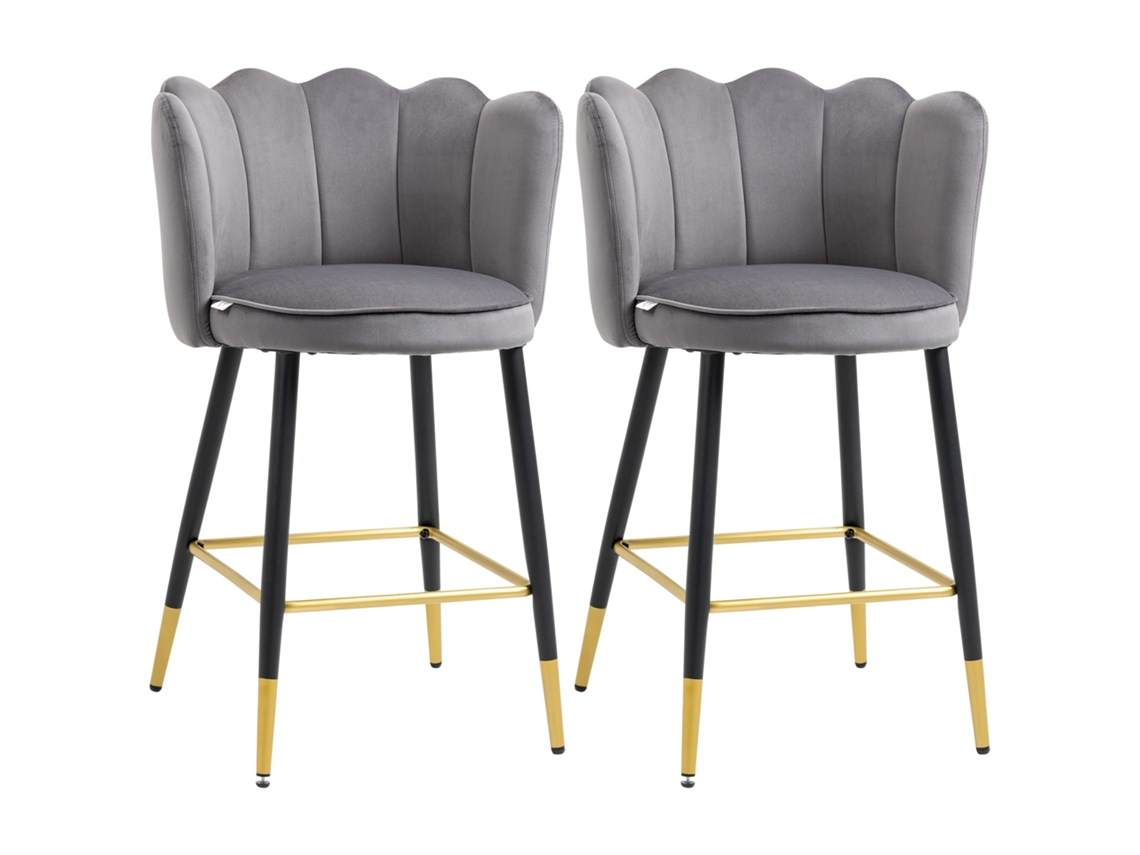 Conjunto 2 Banquetas De Bar Acolchoadas Com Apoio E Base Em Aço, 59x52x90cm, Cinzento