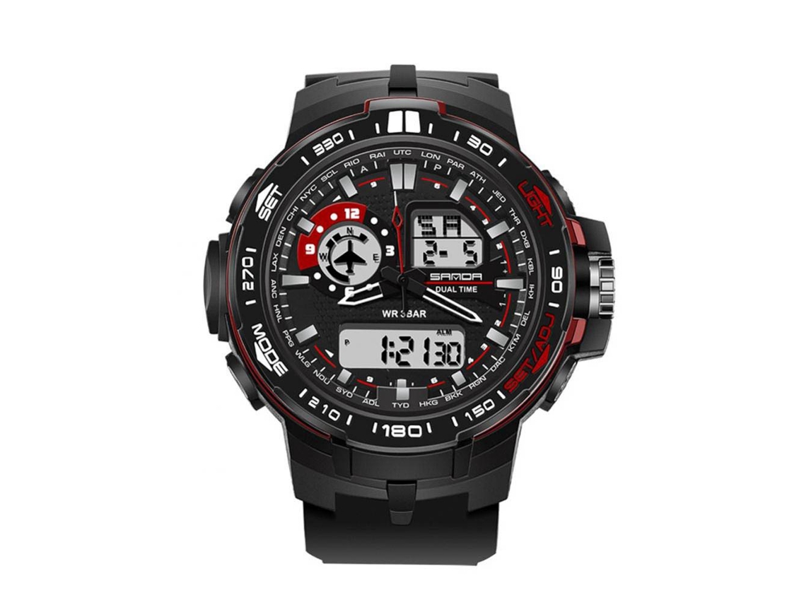 Relógio esportivo digital masculino à prova d'água com luz noturna e calendário, preto e vermelho.