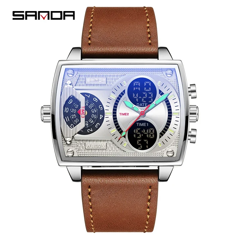 Relógio Eletrônico MDUG de quartzo quadrado elegante, estilo militar, couro, casual e esportivo, à prova d'água com despertador