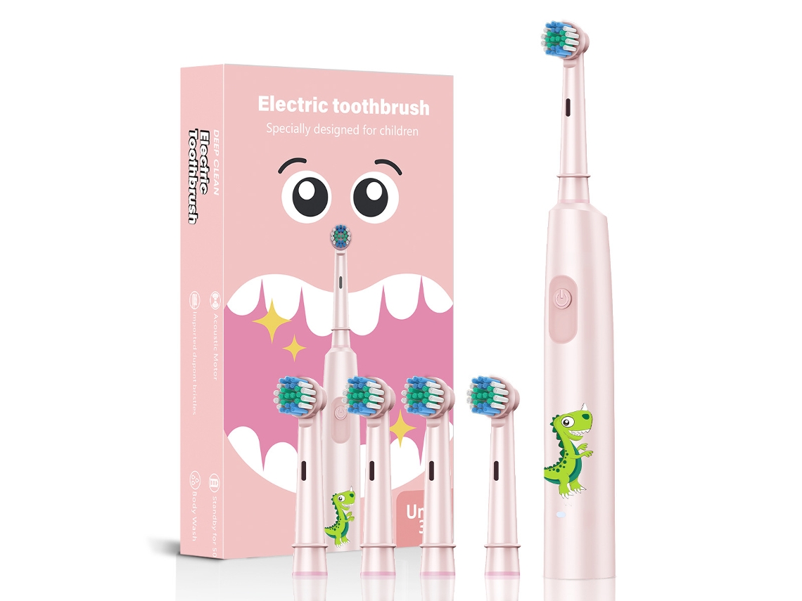 Escova de Dentes Elétrica Infantil, Design Cartoon com 4 Cabeças de Reposição. Rosa CZHHMART