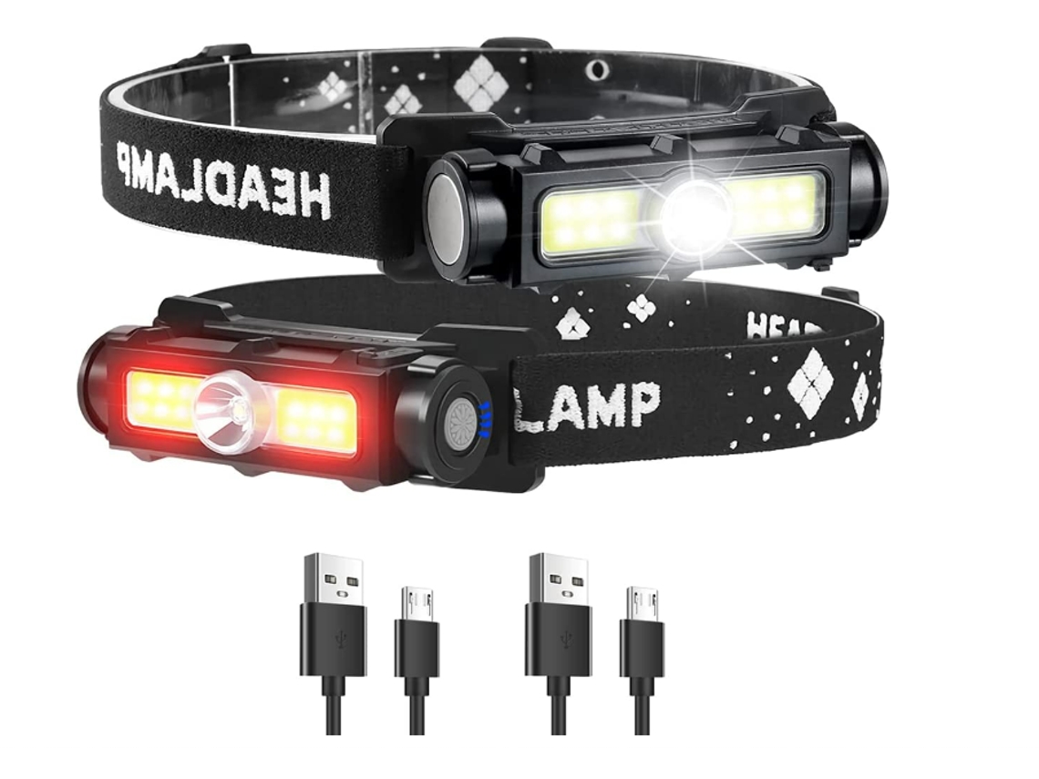 Lanterna de Cabeça Recarregável com 2 Unidades de Led com Luz Vermelha,YIZHOOD Lantern-0005 Lâmpada de Cabeça Magnética À Prova D'Água Preta YIZHOOD