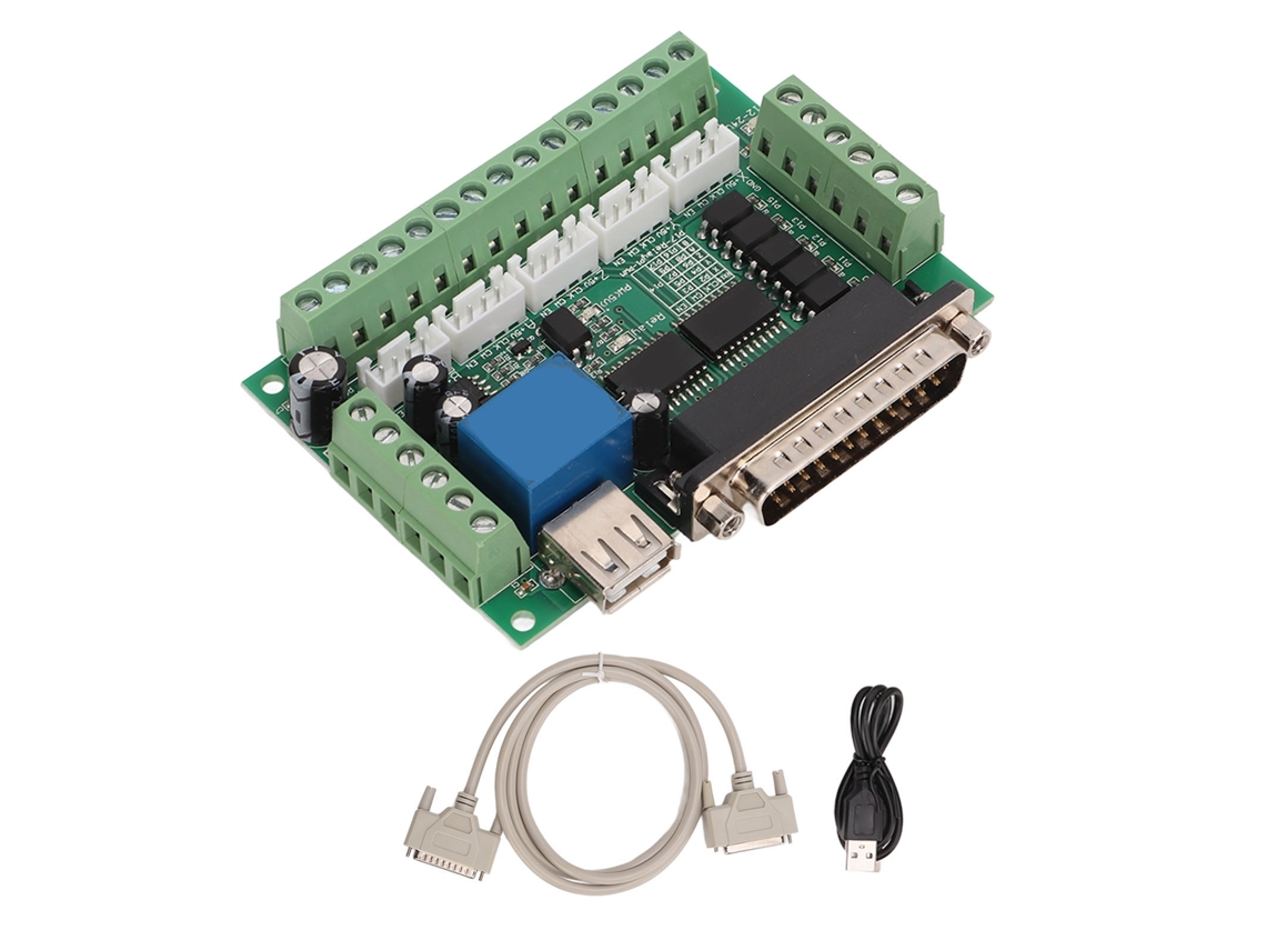 Placa de Interface Driver Motor de Passo 5 Eixos com Isolamento Otocoplador e Cabo Usb Db25 Verde