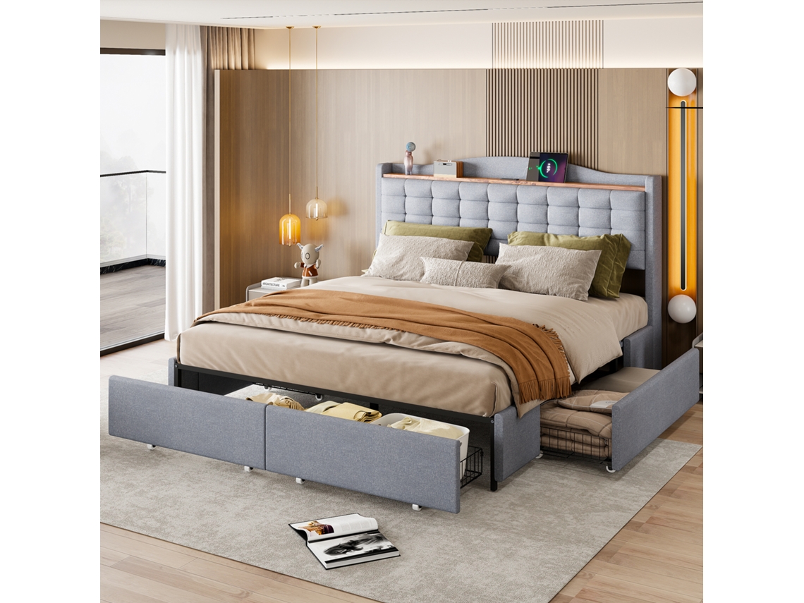 Cama Casal 160x200cm Com Mesa Cabeceira Usb E 4 Gavetas Tecido Linho Cinza