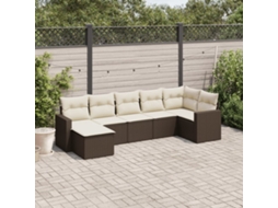 7 Pcs Conjunto De Sofá Jardim C/ Almofadões Vime Pe Marrom Dkd Home Decor