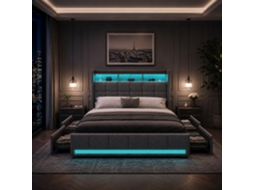 Cama Baú 140x190 com iluminação LED e portas USB, Cama de Casal com 4 Gavetas Grandes, Cabeceira, Sem Colchão, Cinza