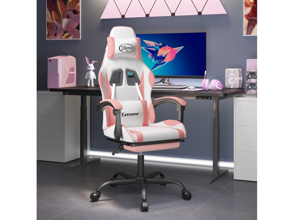 Vidaxl Cadeira Gaming Com Apoio P/ Pés Couro Artificial Branco E Rosa