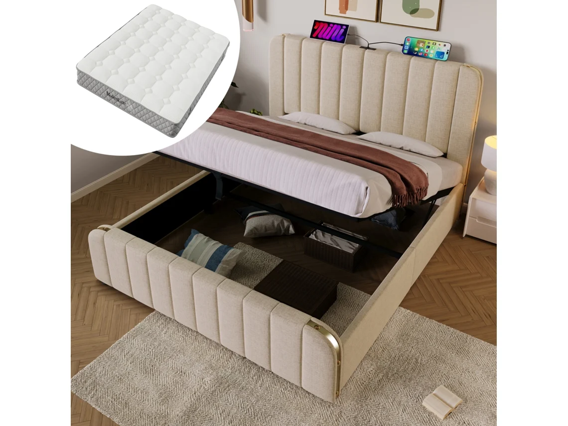 Cama Estofada 140x200cm, Bege Linho, Usb Type-c+led, Hidráulica, Com Colchão (181kg) Cs