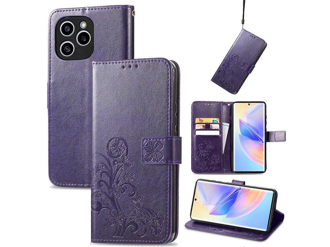 Capa De Couro Com Fecho De Quatro Folhas E Fivela Em Relevo Para Honor 60 Se