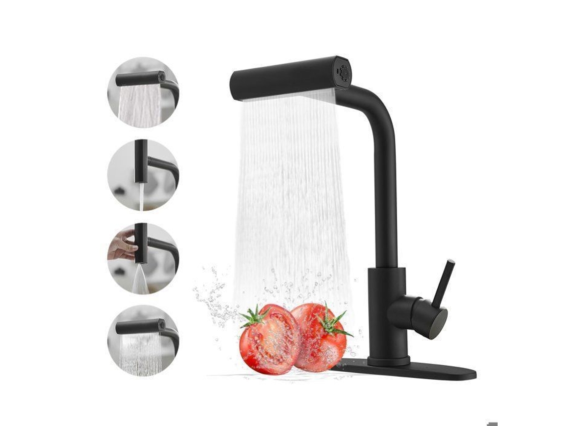 Torneira De Cozinha, Aço Inoxidável, Preta, 4 Posições De Jato Extensível, Água Quente E Fria, Rotação De 360°