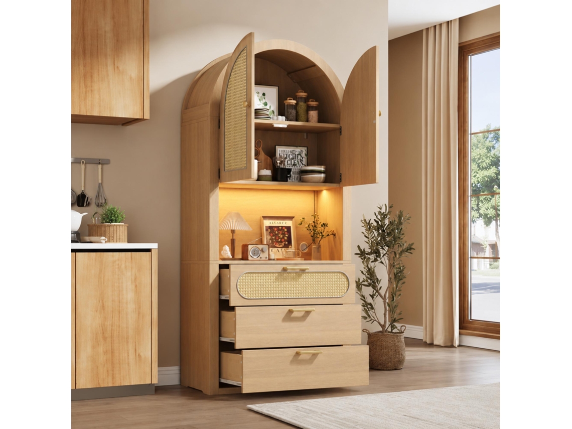 Vitrine Abaulada 180cm Com Led Ajustável, Portas Em Vime, Compartimento Envidraçado, Três Gavetas Carvalho Claro 80x35x180cm