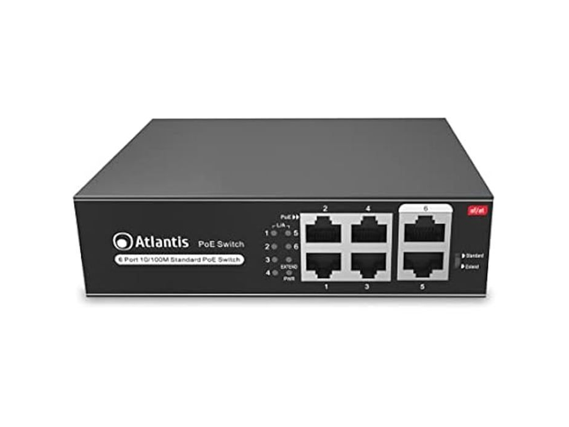 Switch 6 Portas 10/100Mbps 4 Portas POE Até 65W Cada Porta Até 30W Desktop/Parede Fonte de Alimentação Interna Gabinete ATLANTIS
