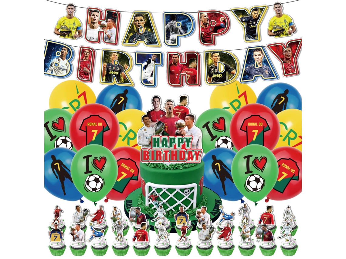 Decoração De Festa Com Bandeira Aniversário Do Cristiano Ronaldo, Conjunto Balões E Faixa Ronaldo P(bt)