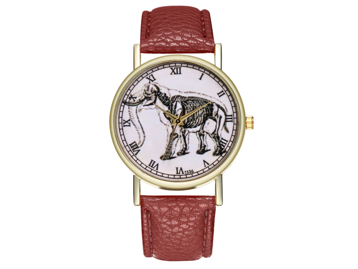 Reloj De Cuero Pu Con Patrón De Elefante Para Mujer Y Hombre Café De Cuarzo