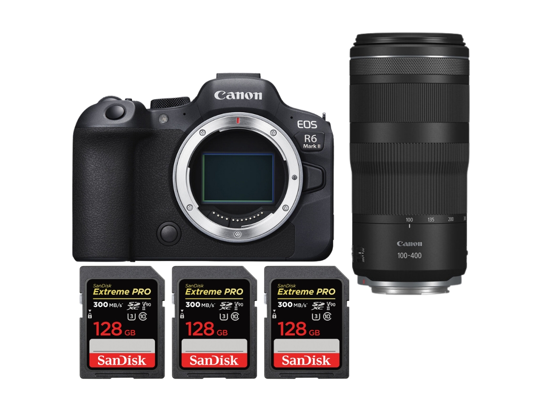Eos R6 Mark Ii + Rf 100 400mm F/5.6 8 Is Usm + 3 Sandisk 128gb Uhs ii 300mb/s Máquina Fotográfica Híbrida + Ebook Pricedirect CANON