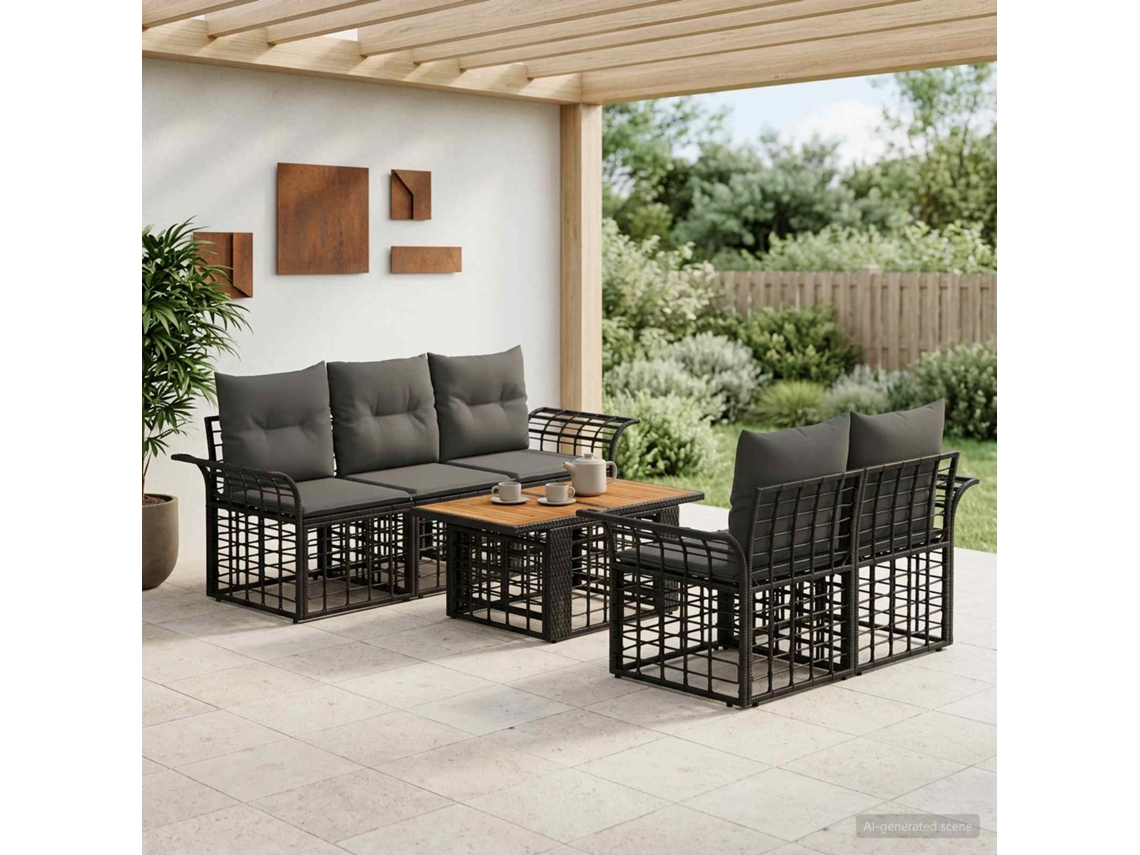 Vidaxl Conjunto De Sofá De Jardim 6 Unid. Preto E Cinza Escuro Vime Pe