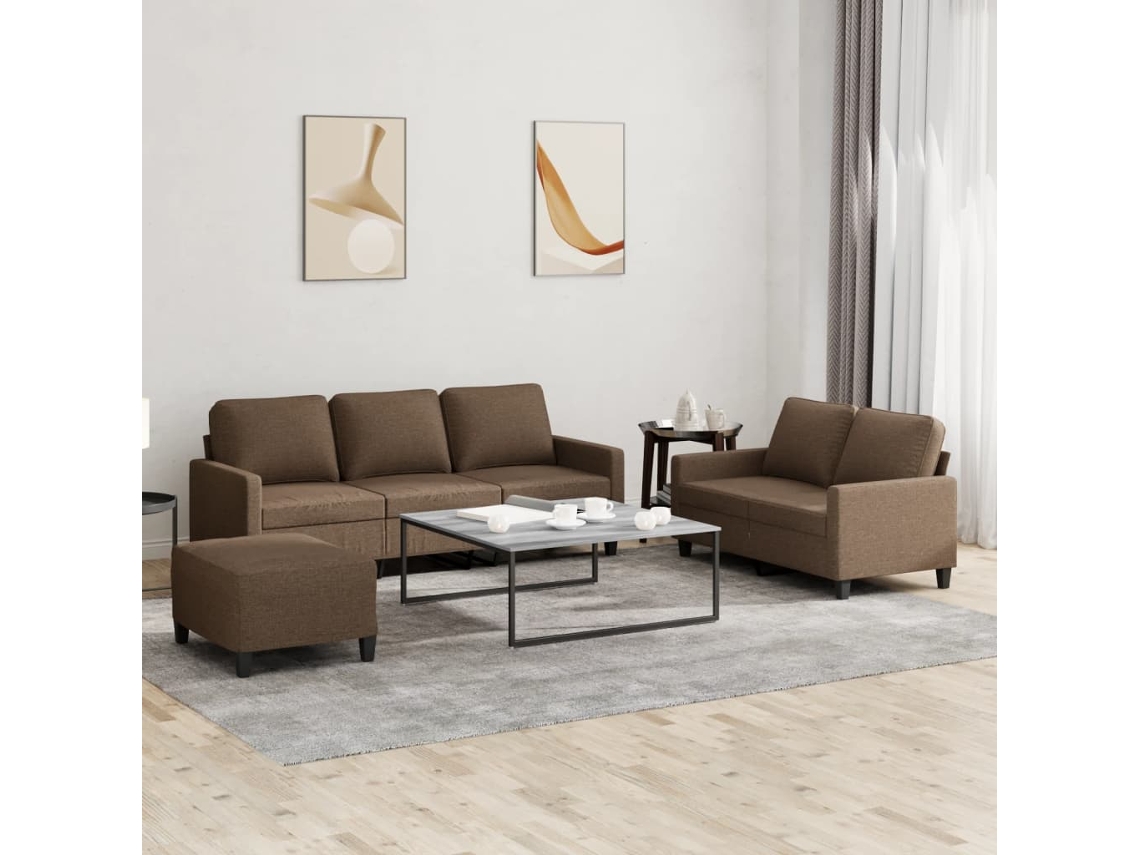 Vidaxl 3 Pcs Conjunto De Sofás Com Almofadões Tecido Castanho
