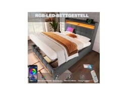 Cama Box Casal 160x200cm Com Led, Usb E Cabeceira Com Prateleiras E Armazenamento, Hidráulica Para Guardar, Tecido Linho Cinza