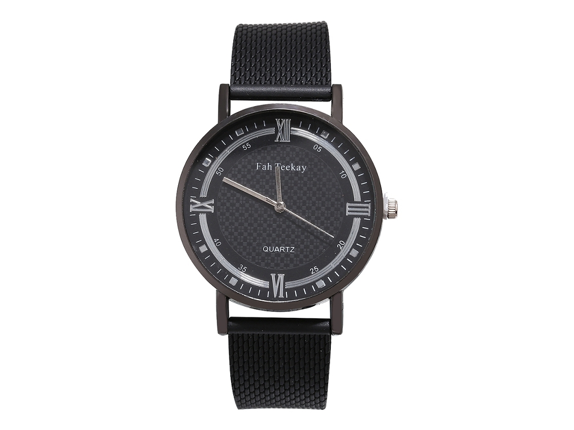 Relógio de pulso masculino de quartzo com pulseira de malha e mostrador redondo com numerais romanos, estilo fashion, preto.