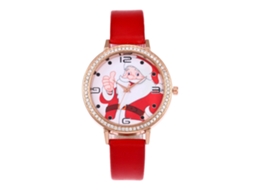 Relógio Feminino de Natal Fashion com Pulseira de Couro e Mostrador Redondo de Quartzo (vermelho)