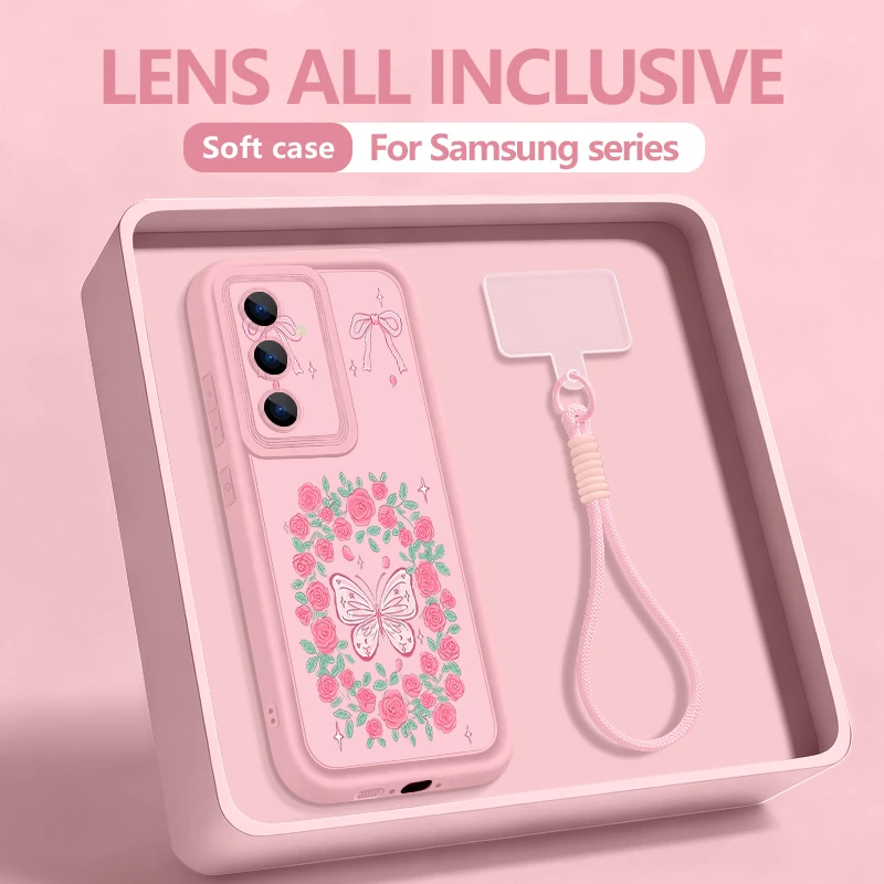Capa Para Celular Galaxy S24 Com Estampa Retrô De Borboletas E Cordão, Em Tpu Macio (rosa).