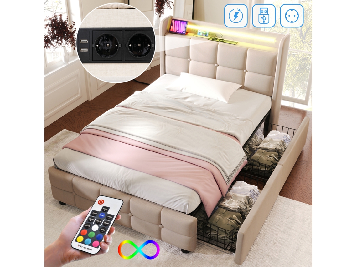 Cama Solteiro 90x200cm Com Usb Led Gavetas Bege Sem Colchão