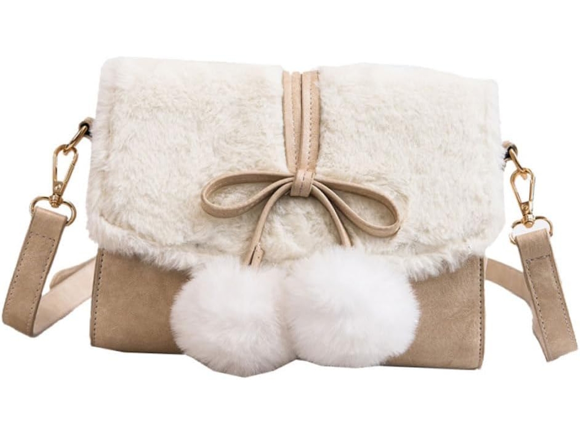Bolsa De Ombro De Pelúcia Branca Com Laço, Pequena E Leve, Ideal Para Mulheres, Estudantes, Escola E Passeios.