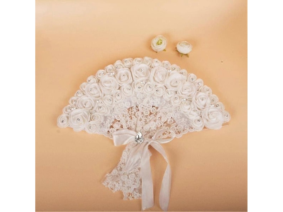 Leque De Mão Elegante Para Noivas, Com Renda E Rosas, Não Dobrável E Decorativo (branco, Pacote Com 1 Unidade)