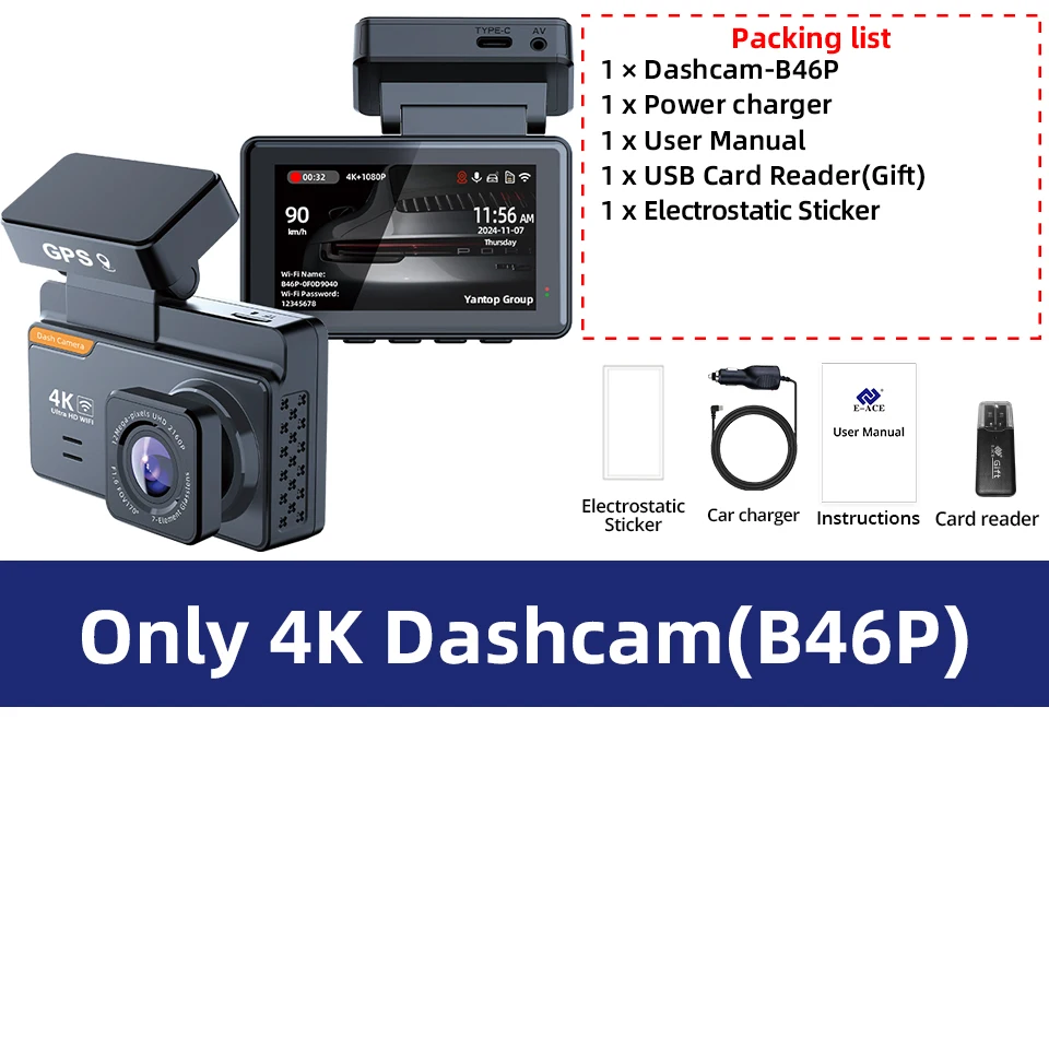 Dvr Automotivo 4k com Lentes Duplas, Tela de 3 Polegadas e Gps/wi fi MDUG (256g)