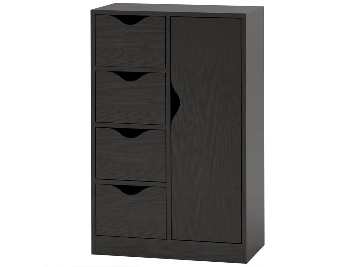 Cômoda 1 Armário E 4 Gavetas De Madeira, Preto