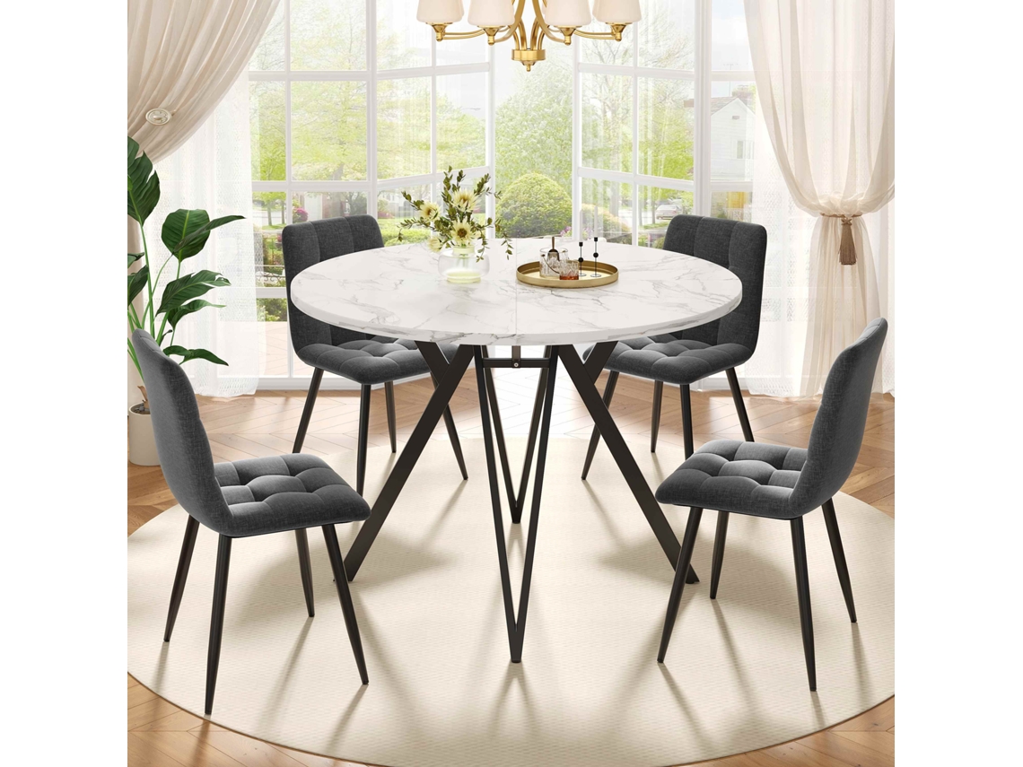 Conjunto De Mesa De Jantar De 5 Peças Mesa Redonda 100 Cm Com Pés Metálicos Pretos, Cadeiras Em Linho Cinza Estilo