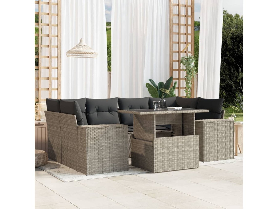 Vidaxl 7 Pcs Conj. Sofás Jardim com Almofadões Vime Pe Cinzento claro