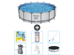 Piscina BESTWAY Round Steel Pro Max 457 X 122 Cm Cinza Incluindo Bomba Escada Cobertura Pacote de Manutenção Filtro Kit de Limpeza