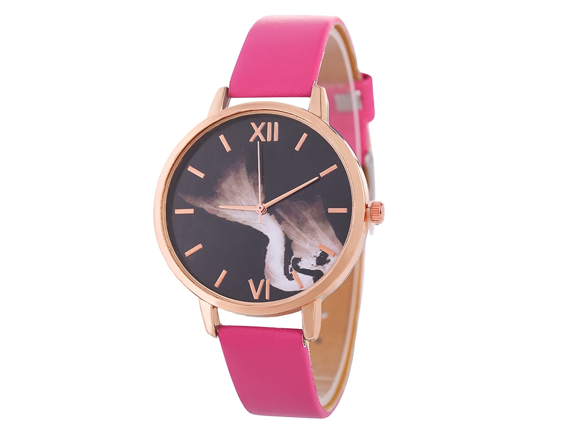 Relógio de Pulso Feminino de Quartzo com Pulseira de Couro Pu Estilo Simples Rosa Vermelho