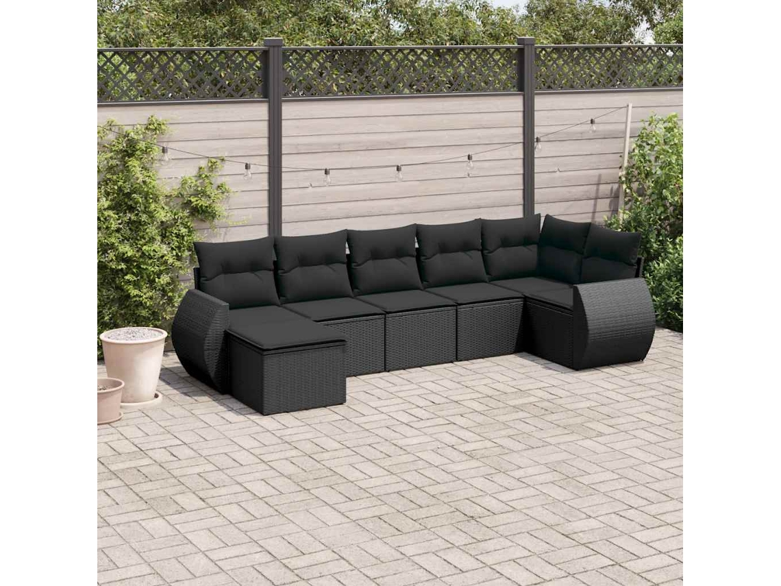 Vidaxl 7 Pcs Conjunto De Sofás P/ Jardim C/ Almofadões Vime Pe Preto