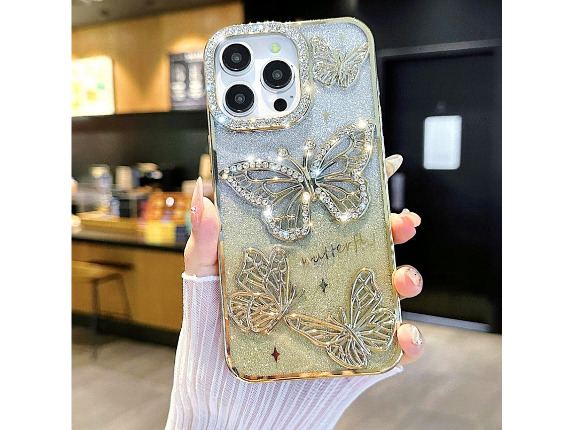 Capa Para Iphone 17 Com Borboleta De Strass, Glitter Dourado, Efeito 3d, Borboleta Com Efeito Diamante E Glitter Degradê.