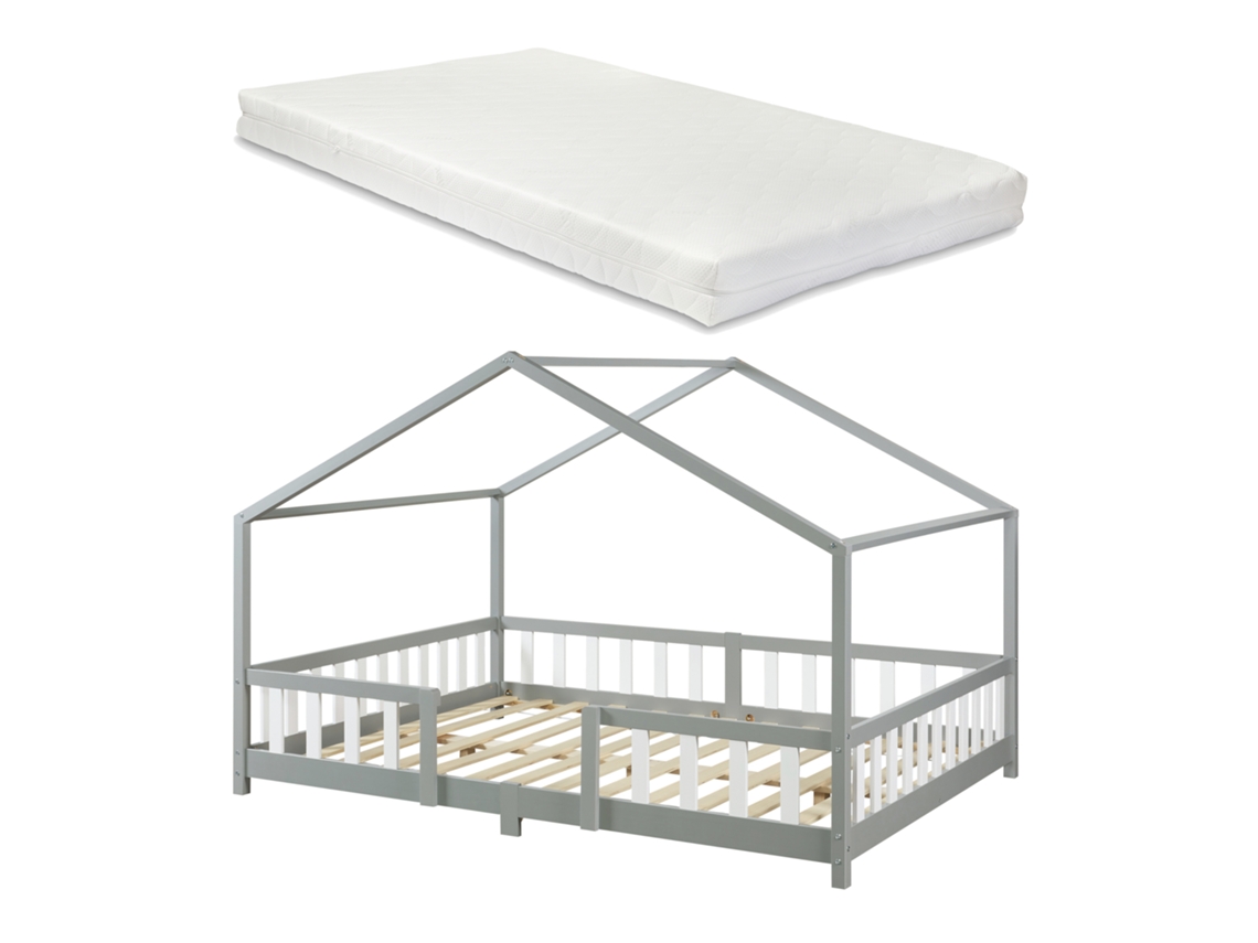 Cama de Criança Treviolo Forma de Casa Pinho Colchão 140X200Cm Cinzento [EN.CASA]