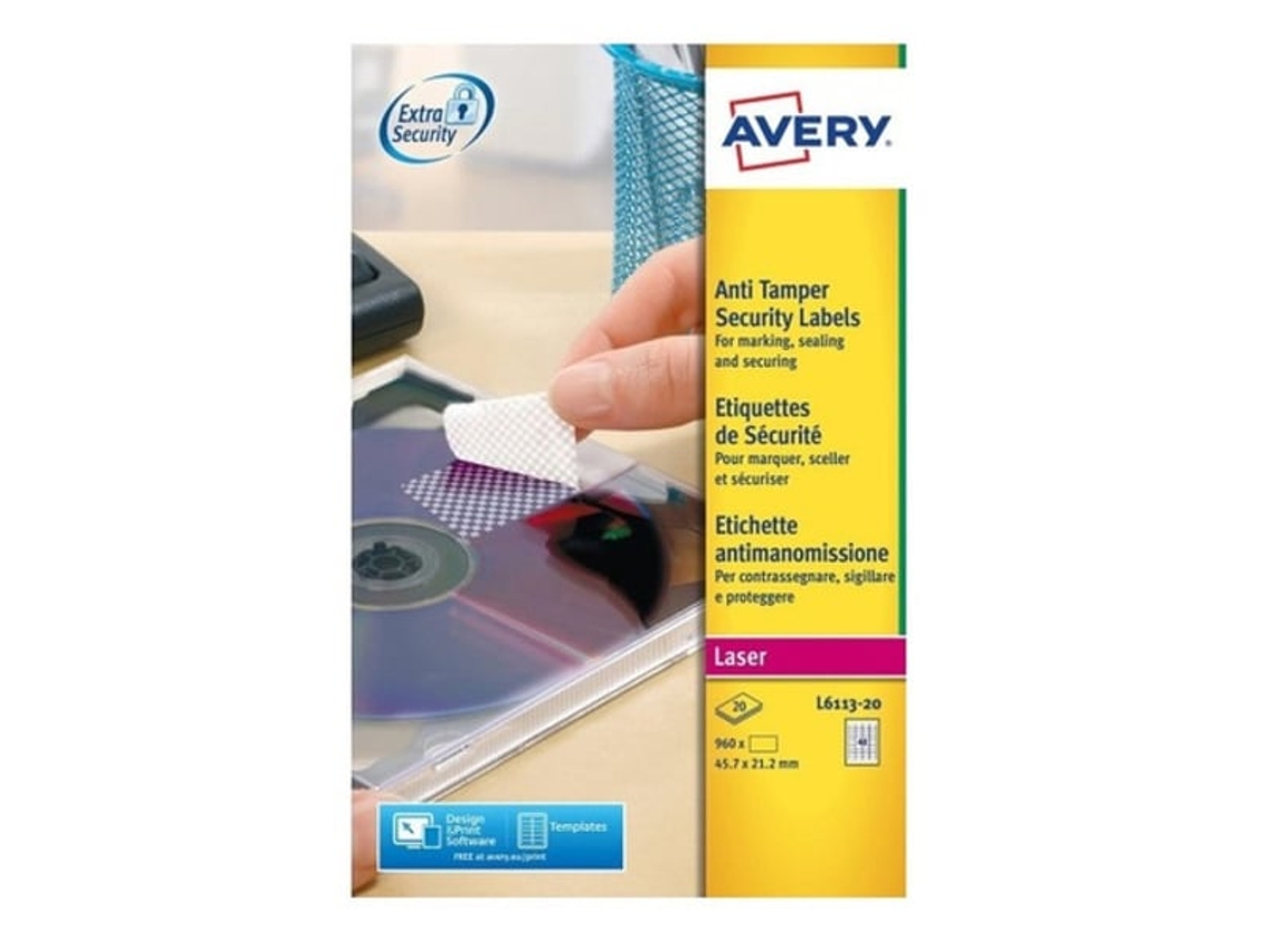 Etiquetas Segurança 45.7x21.2 Poliester Avery 20folhasx48=960un - Avery Ave6113-20