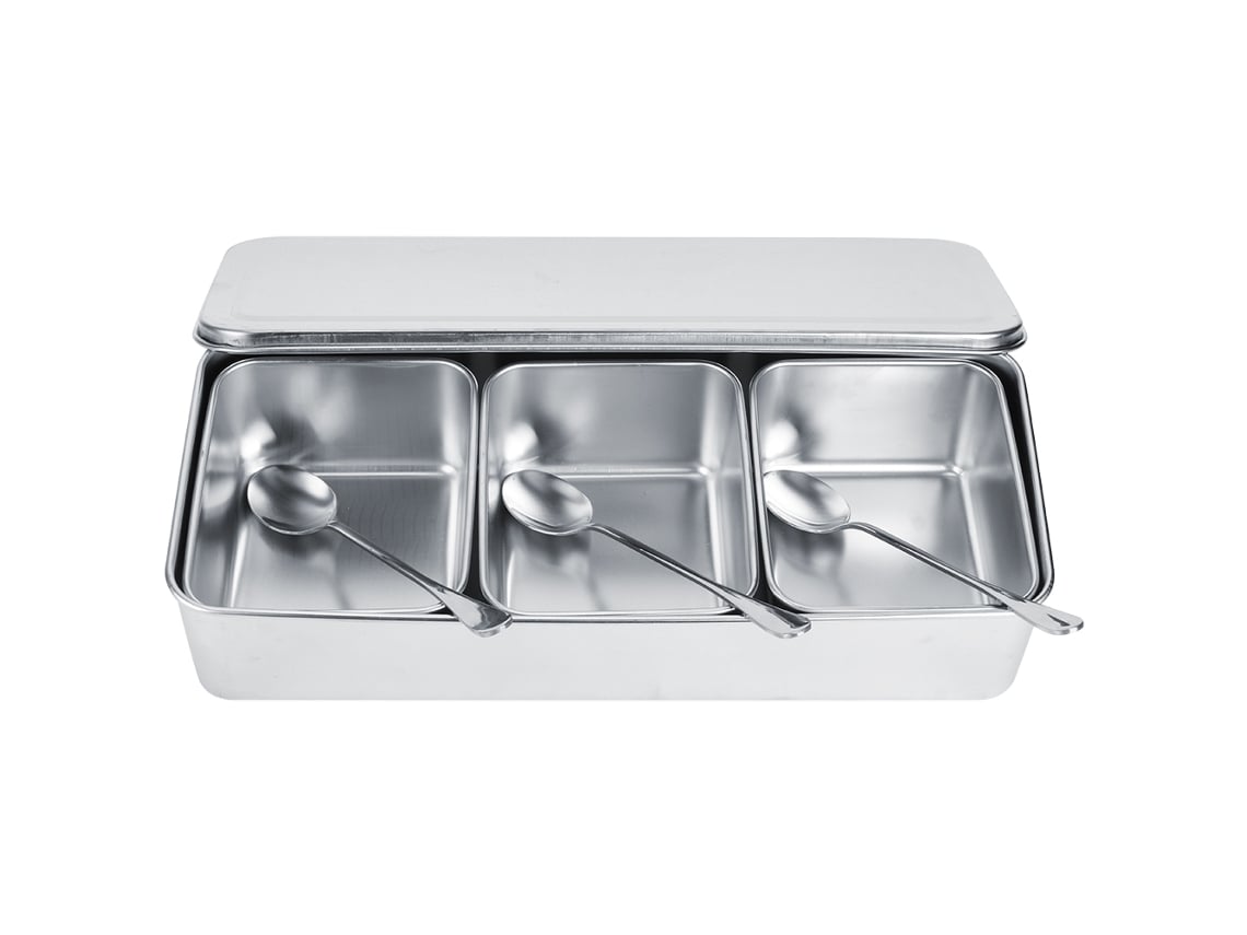 Conjunto de Caixa de Temperos de Aço Inoxidável com 3 Compartimentos, Colheres e Tampa S/MARCA