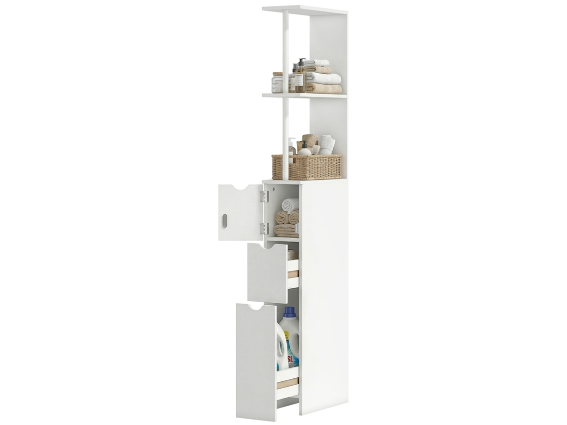 Armário Alto Branco 15x33x136,5 Cm Casa De Banho Com Gavetas + Prateleiras Abertas