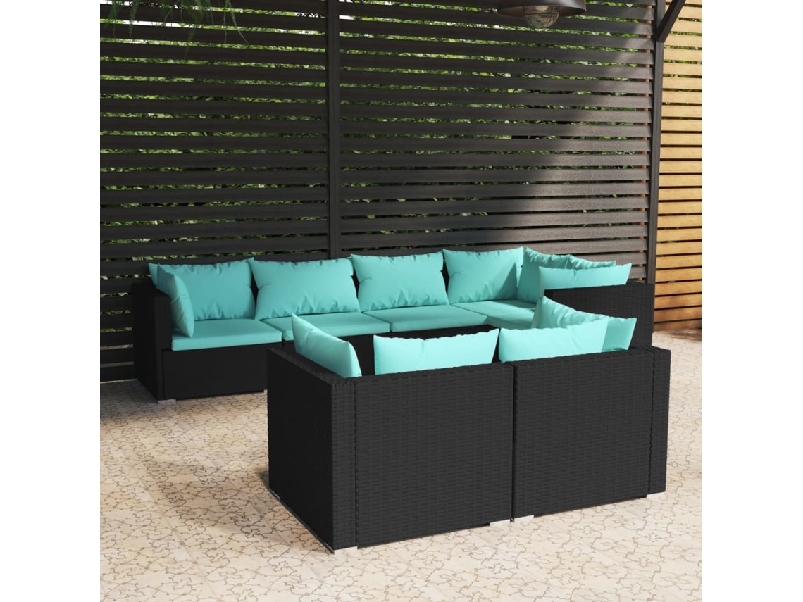 Vidaxl 7 Pcs Conjunto Lounge De Jardim C/ Almofadões Vime Pe Preto