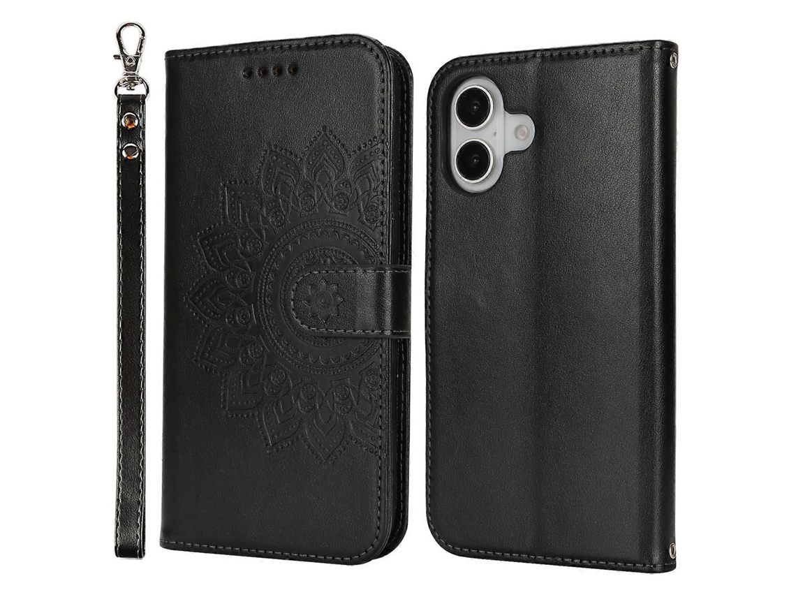 Capa Tipo Carteira De Couro Texturizado Com Suporte Para Iphone 16 E Alça Preta
