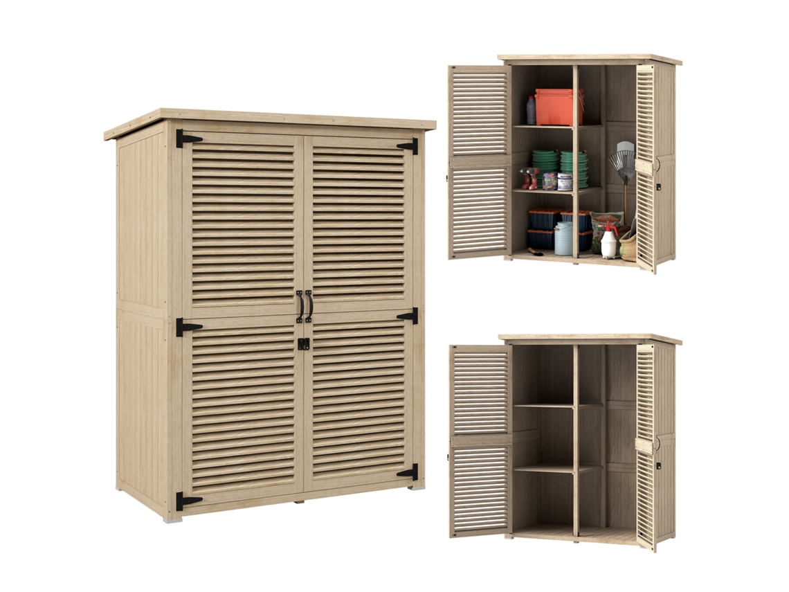 Armário externo porta objetos com 2 prateleiras e piquetes em madeira de abeto 127x65x159,5/168cm BTFORUS