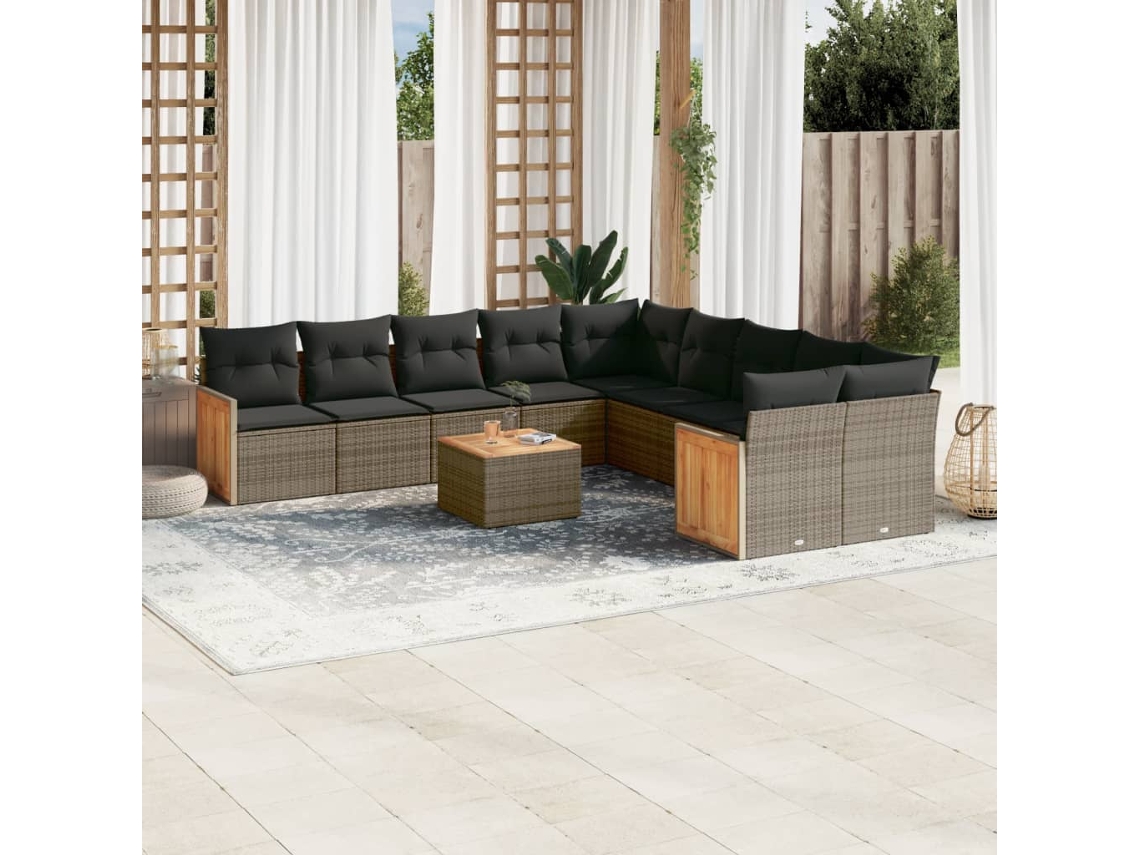 Vidaxl 11 Pcs Conjunto Sofás De Jardim C/ Almofadões Vime Pe Cinzento