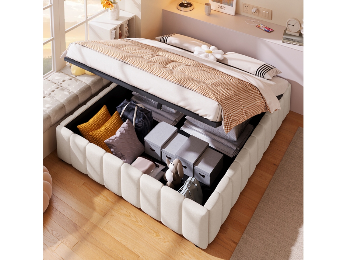 Cama Estofada 140x200 Sem Cabeceira Hidráulica Minimalista Bege
