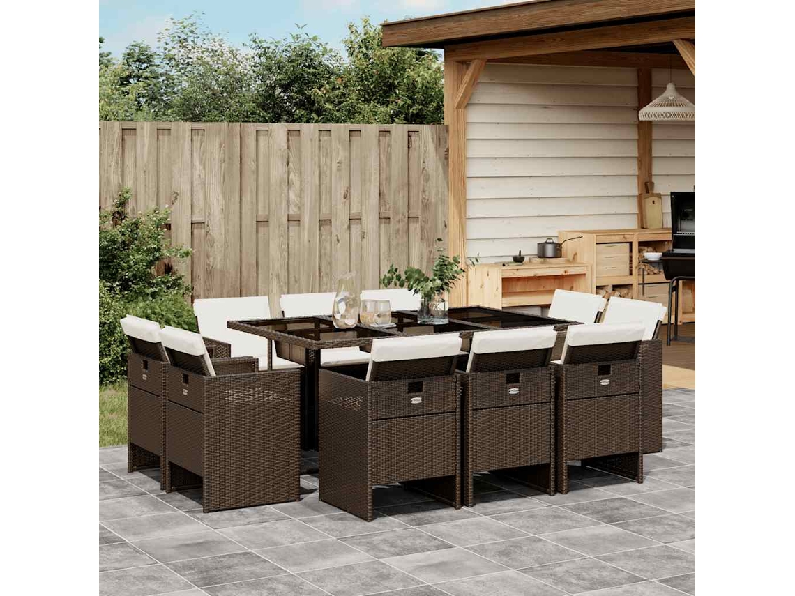 Vidaxl 11 Pcs Conjunto Jantar P/ Jardim C/ Almofadões Vime Pe Castanho