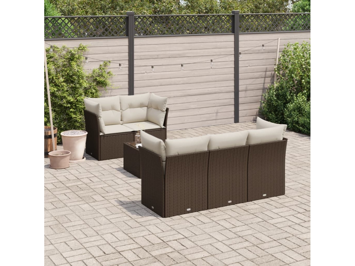 Vidaxl 6 Pcs Conjunto De Sofás Jardim C/ Almofadões Vime Pe Castanho