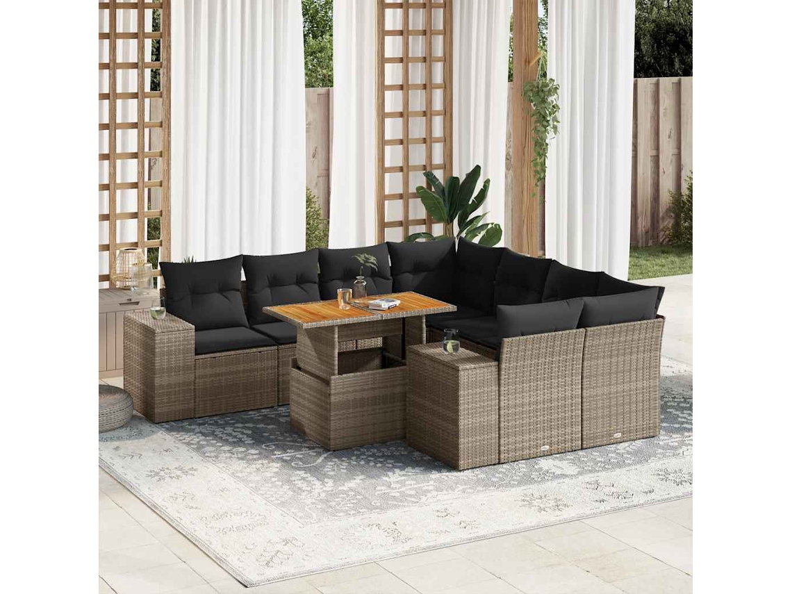 Vidaxl 9 Pcs Conjunto Sofás P/ Jardim Com Almofadões Vime Pe Cinzento