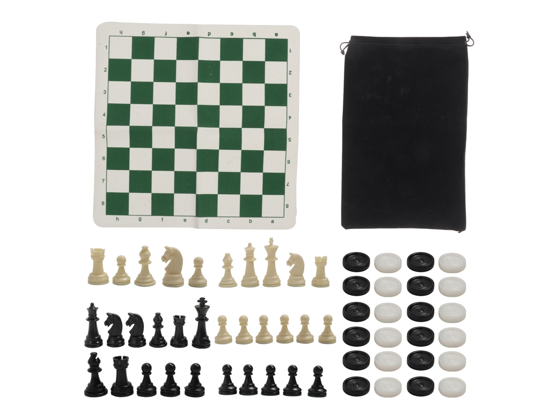 Set de Xadrez e Damas, 2 em 1, Tabuleiro de 35cm, Antiderrapante, Rei 6,6cm, com Bolsa, Verde S/MARCA