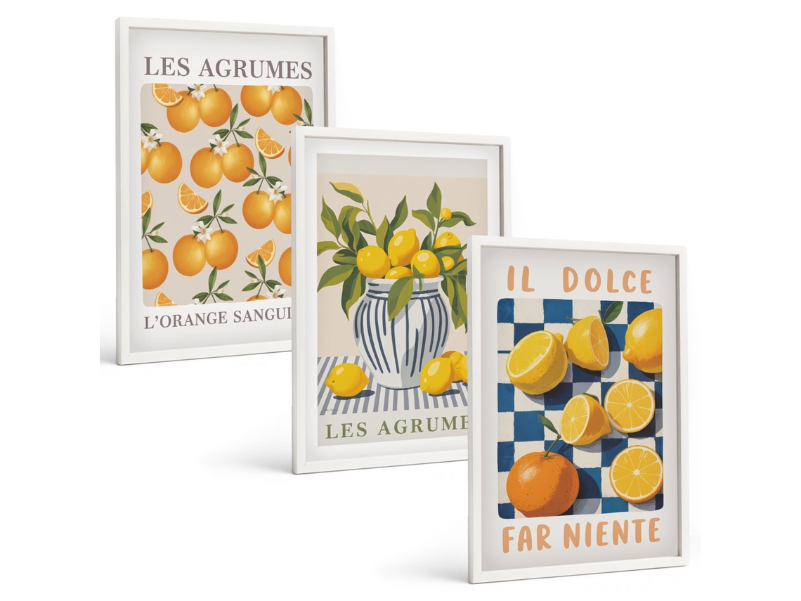 Conjunto De Pinturas Frutas Cítricas Amarelas Retrô Espelharte (3 Peças 40x60 Cm)