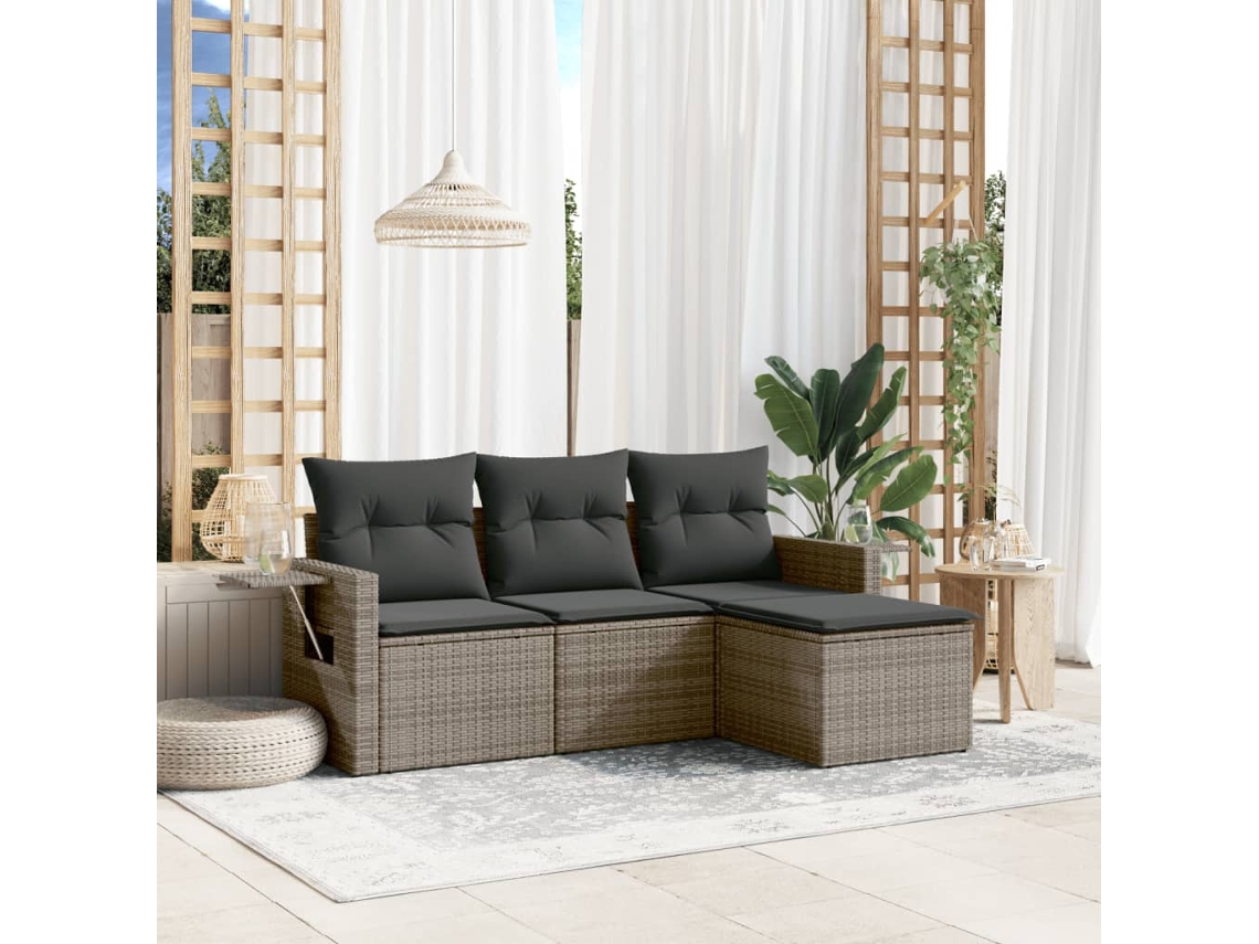Conjunto de Sofá de Jardim 4 Peças C/ Almofadões Vime Pe Cinzento Dkd Home Decor